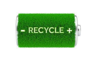Poster - Green Energy Concept. Fully Charget Green Grass Battery with Recycle Sign. 3d Rendering