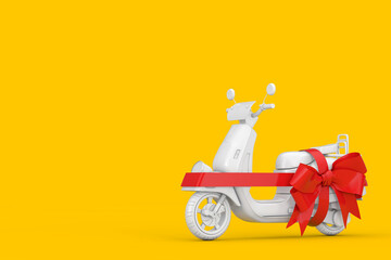 Aufkleber - White Classic Vintage Retro or Electric Scooter in Clay Style with Red Ribbon as Gift. 3d Rendering