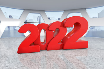 Poster - Red New 2022 Year Sign in Abstract Bright Office Meeting Room. 3d Rendering
