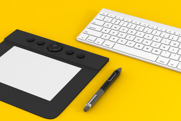Poster - Professional Graphics Tablet with Digitized Pen near Computer Keyboard. 3d Rendering