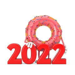 Poster - Big Strawberry Pink Glazed Donut Character Mascot with Red 2022 New Year Sign. 3d Rendering