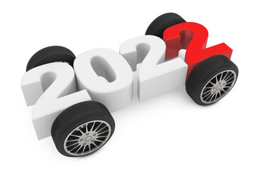 Poster - 2022 Year Concept with Car Wheels. 3d Rendering