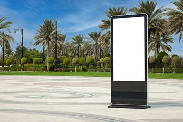 Leinwandbilder - Blank Trade Show LCD Screen Stand Display Billboard as Template for Your Design in Empty City Street with Palm Trees. 3d Rendering