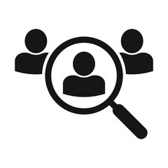 Wall Mural - Magnifying glass looking for people icon, employee search symbol concept, headhunting, staff selection, vector illustration. Job search icon.