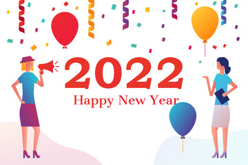 Wall Mural - People in the office are celebrating new year 2022. Organization of corporate. balloons serpentine and confetti, christmas celebrations. Vector illustration flat design. Isolated on white background.