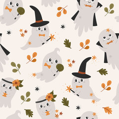 Sticker - Halloween seamless pattern with cute ghosts.