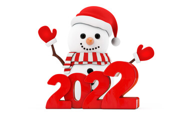 Poster - Snowman in Santa Claus Hat Character Mascot with New Year 2022 Sign. 3d Rendering