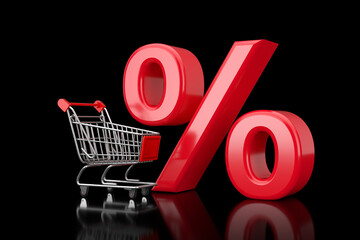 Poster - Shopping Cart Trolley with Red Percent Sale or Discount Sign. 3d Rendering