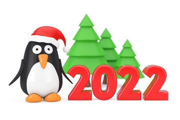 Aufkleber - Green Trees and Cartoon Penguin Character with Santa Hat near 2022 New Year Sign. 3d Rendering