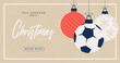 Soccer Merry Christmas sale horizontal banner. Christmas card with sport football ball hang on a thread on background. Flat and cartoon Vector illustration