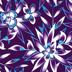 Fashionable seamless tropical pattern with bright violet, blue and white color combination frangipani flower plants and leaves. floral pattern background. Exotic jungle wallpaper