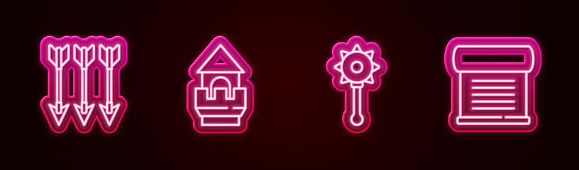 Sticker - Set line Crossed arrows, Castle tower, Medieval chained mace ball and Decree, parchment, scroll. Glowing neon icon. Vector