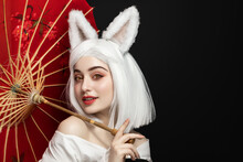 Girl In White Wig And Carnival Costume, Cosplay Cat Woman.