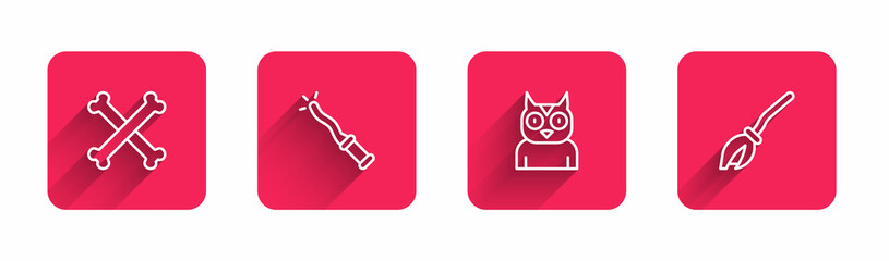 Sticker - Set line Crossed bones, Magic wand, Owl bird and Witches broom with long shadow. Red square button. Vector