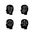 Rational and emotional mindset black glyph icons set on white space. Positive attitude. Rationality. Emotional intelligence. Self correction. Silhouette symbols. Vector isolated illustration
