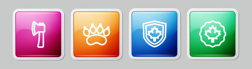 Sticker - Set line Wooden axe, Bear paw footprint, Canada flag on shield and Canadian maple leaf. Colorful square button. Vector