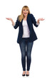 © studioloco - Confused Female Office Worker Is Holding Hands Raised And Talking. Full Length, Isolated.