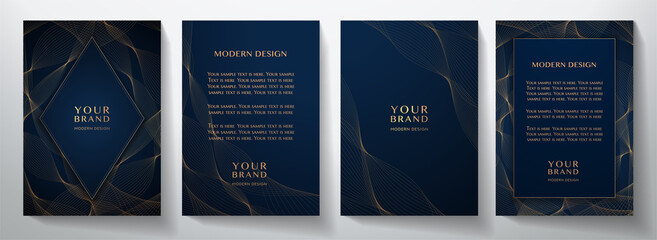 Contemporary technology cover design set. Luxury background with black line pattern (guilloche curves). Premium vector tech backdrop for business layout, digital certificate, formal brochure template