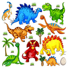 Wall Mural - Set of isolated various dinosaurs cartoon character on white background