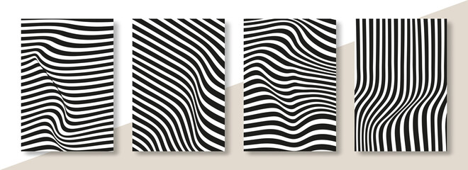 Wall Mural - set of black and white striped texture background with waves.