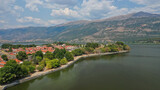 Fototapeta Pomosty - Aerial drone photo of iconic castle and ancinet citadel of Ioannina featuring Byzantine Museum, Its Kale Acropolis, Fetiche Mosque and Ali Pasha's tomb, Epirus, Greece