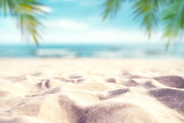 Wall Mural - Tropical summer sand beach and palm on sea sky background, copy space. Summer vacation and travel concept.