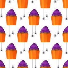 Vector Illustration Of Halloween Cupcakes Pattern. Seamless Illustration Of Brightly Colored Halloween Cupcakes. Wrapping Paper For Holiday Costume Parties. 