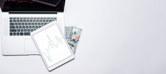 Job application. Finance application for sell, buy and analysis profit dividend statistics. Investment business technology app on digital screen. Financial report background with copy space.