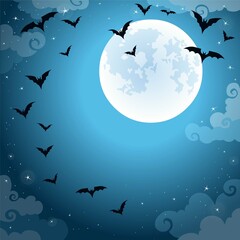 Wall Mural - Animation background - the night star sky, the moon, clouds. Pack of bats. Vector illustration. The place for the text.