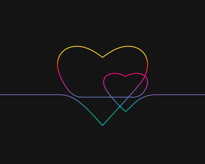 Wall Mural - One line drawing of two hearts, Rainbow colors on black background vector minimalistic linear illustration of love concept made of continuous line