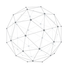 Abstract Transparent Wireframe Triangulated Sphere. Low Poly Spherical Object With Gray Connected Lines And Dots. Cybernetic Shape With Grid And Transparent Lines