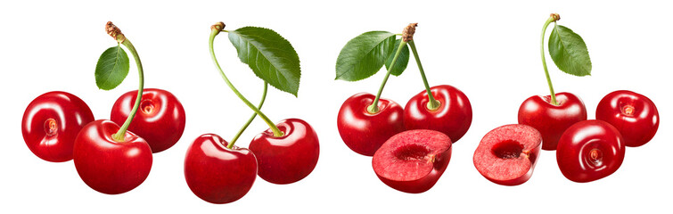 Poster - Red sweet cherry bunch set isolated on white background