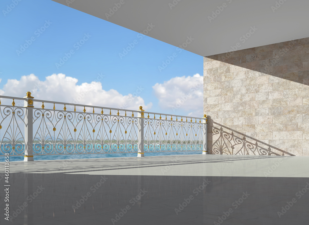 Hotel balcony with iron railings. Classic white handrails with gold ...