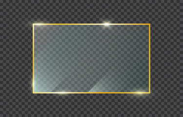 Golden frame with glass on transparent background. Gold shiny frame. Luxury realistic rectangle border. Banner plexiglass with reflections. Clear glossy acrylic window frame. 3d vector illustration