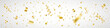Confetti on long background. Anniversary celebration banner. Falling shiny gold confetti. Bright golden festive tinsel. Birthday party backdrop. Holiday design elements. Vector illustration
