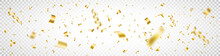 Confetti On Long Background. Anniversary Celebration Banner. Falling Shiny Gold Confetti. Bright Golden Festive Tinsel. Birthday Party Backdrop. Holiday Design Elements. Vector Illustration