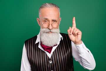 Poster - Photo of intelligent bearded senior man raise finger teach lesson wear eyewear striped suit scarf on green color background