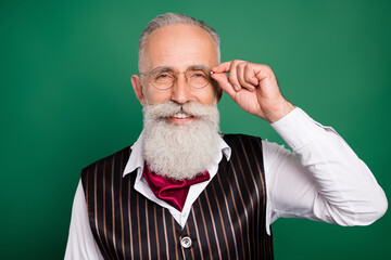 Sticker - Photo of cheerful well-groomed bearded professor toothy smile wear specs striped suit scarf on green color background