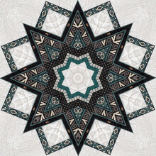 Star Pattern Quilt Design In Square Format, Green, Black, Off-white Pattern, Repeatable