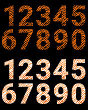 Set Of Numbers With A Tiger Pattern. Decorative Striped Numbers From 0 To 9 On Black Background. Vector Illustration. Isolated Elements For Design And Decoration