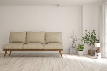 White living room with sofa. Scandinavian interior design. 3D illustration