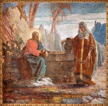 ROME, ITALY - AUGUST 31, 2021: The Ceiling Fresco Jesus And The Samaritan Woman In The Church Chiesa Del Sacro Cuore Di Gesu By Virginio Monti (1852 - 1942).