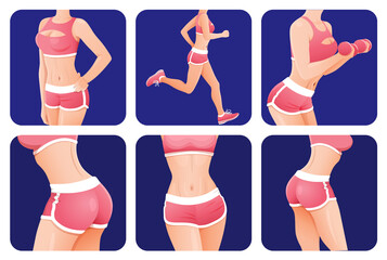 Slender sporty woman, fitness girl icon set. full body workout for women, fitness apps icons set. Running, training in the gym with dumbbells, abs, butt, biceps, stretching and slimming.