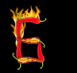 Wall Mural - Numbers 6 made of hot pepper and fire