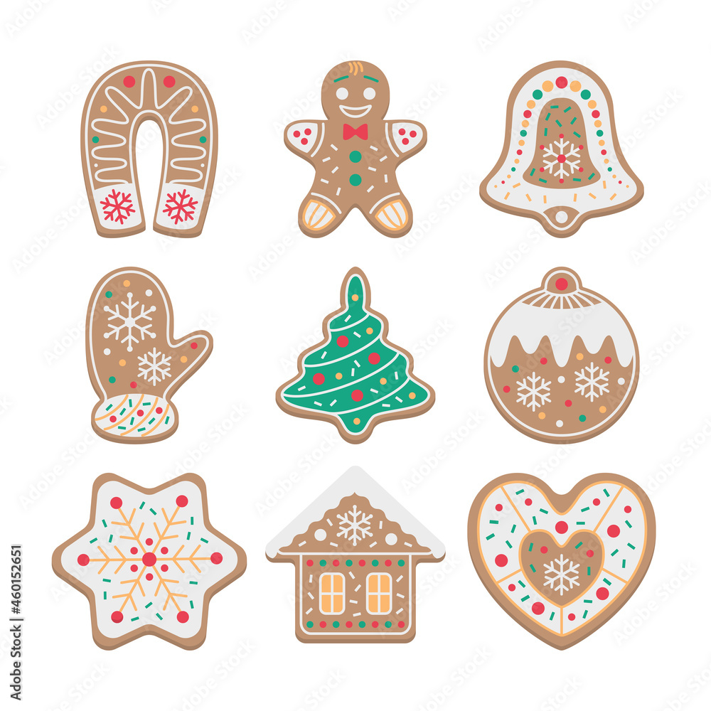 Collection of cute Christmas gingerbread cookies with color frostng - gingerbread man, house, horseshoe, snowflake, mitten, heart, ball, christmas tree, bell. Winter holiday food. Vector flat design