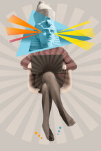Funny Buisness Woman With Statue Head Sitting With Laptop On Color Abstract Background.