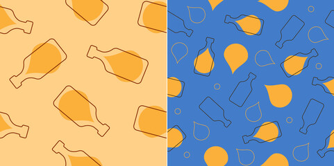 Rum bottles with alcohol drop seamless pattern. Line art style. Outline image. Two repeat template. Party drinks. Color Illustration on white background. Flat design style for any purposes