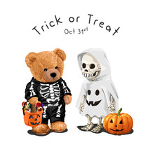 Trick Or Treat Slogan With Cute Bear Doll And Skeleton In Halloween Costume Vector Illustration 