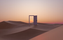 Open Door In The Middle Of The Desert With Sunset Behind. Minimalist Concept. 3d Rendering