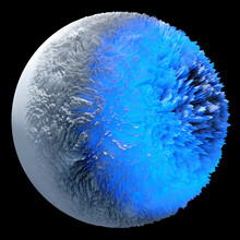 3d Render Of Abstract Art 3d Snow Ball Sphere Or Planet In Deformation Process With Blue Neon Glowing Light Side As Core In The Dark On Isolated Black Background